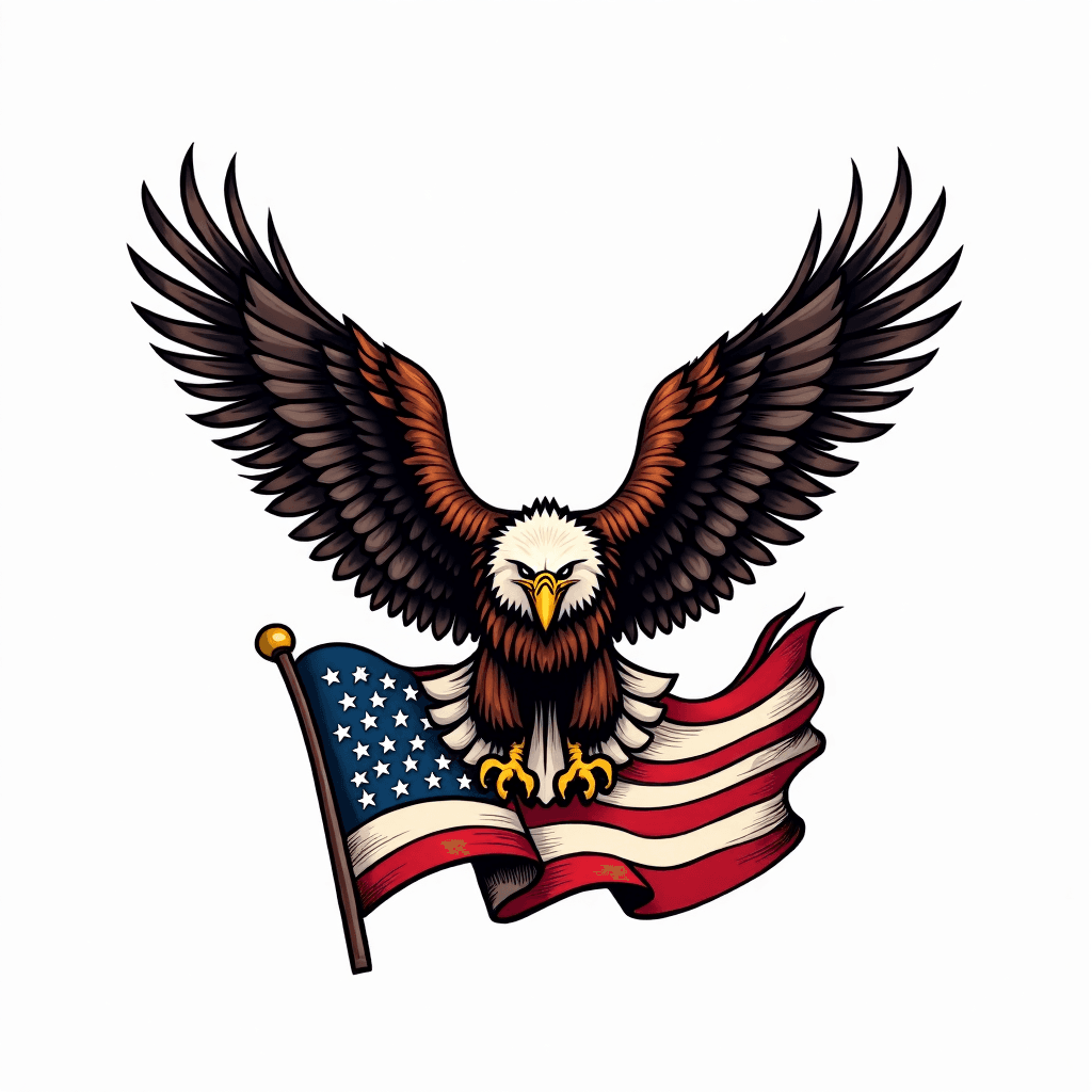 Eagle clutching American flag with banner