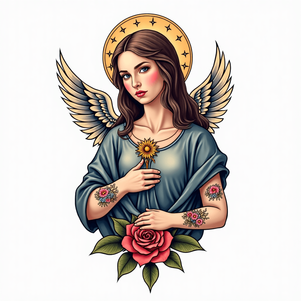 tatuaggio su tutto il braccio con davanti un croci...