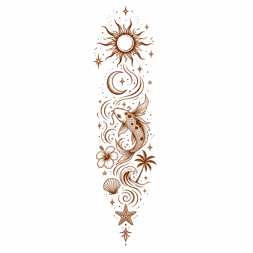 straight down the spine, brown (henna-like) colour…