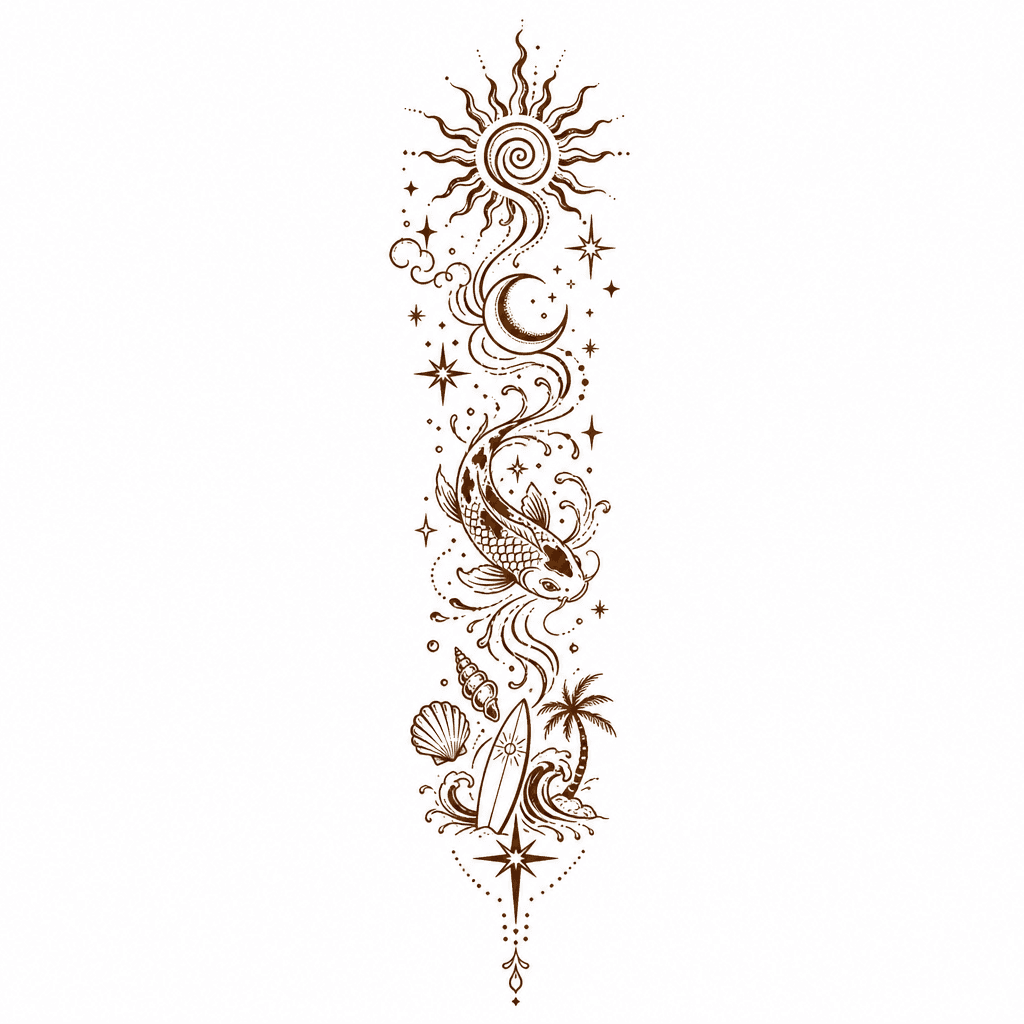 straight down the spine, brown (henna-like) colour…