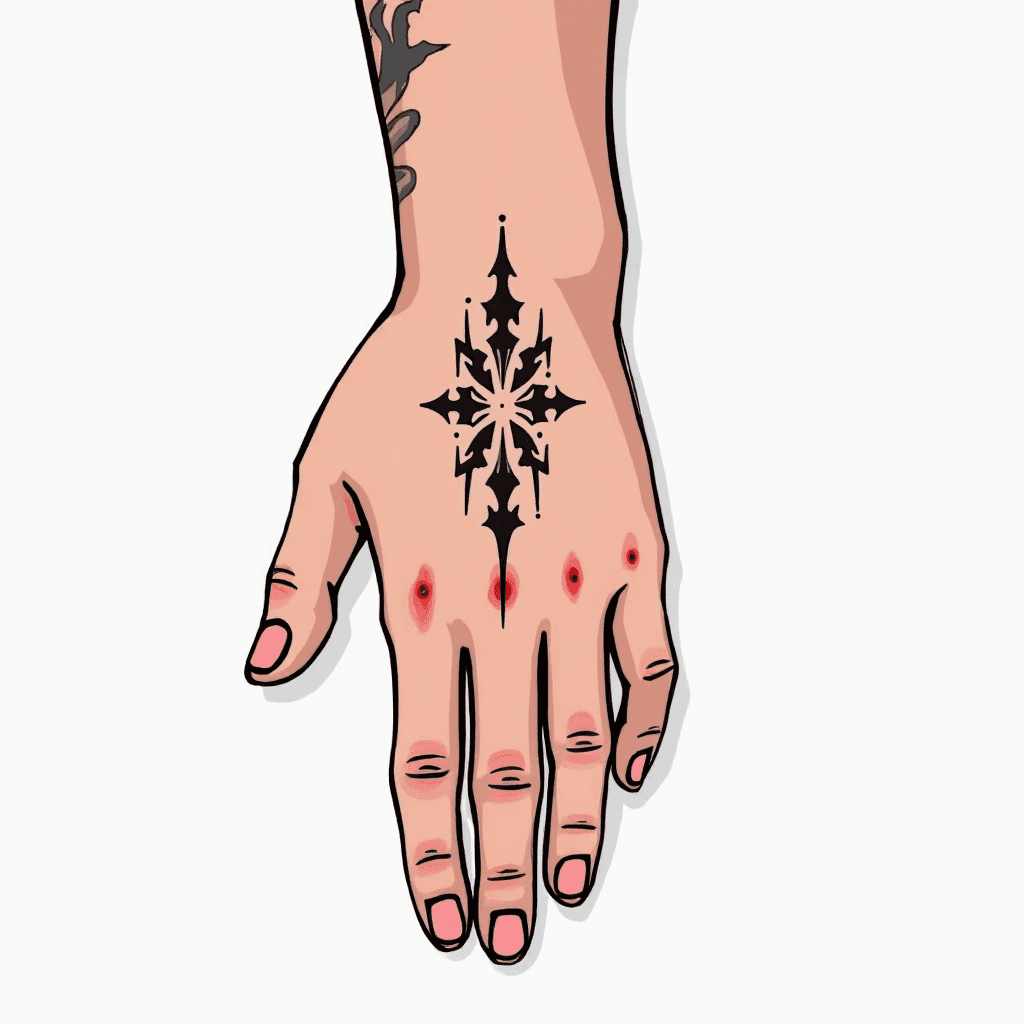 Back of hand tattoo, black ink only, cool modern a…