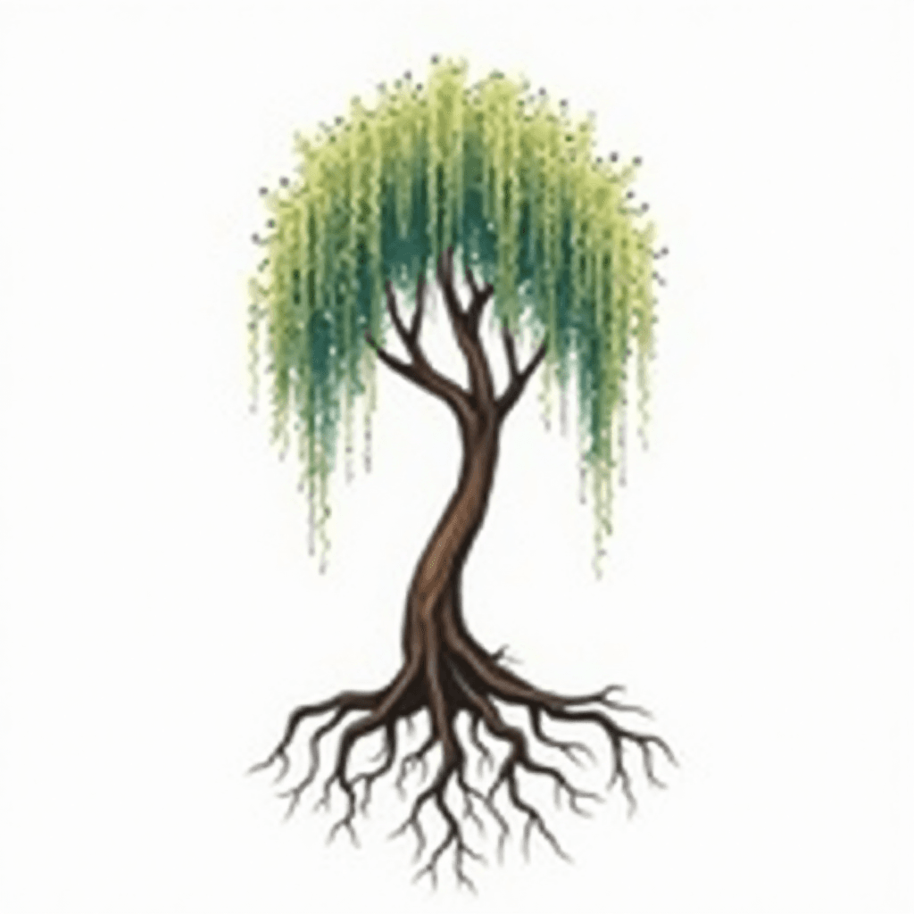 Delicate willow tree with winding roots