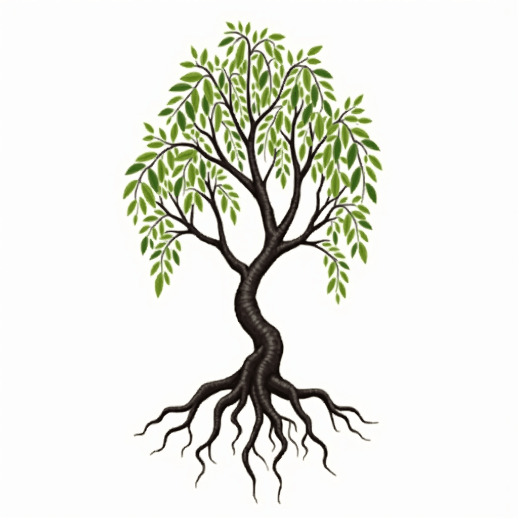 Delicate willow tree with winding roots