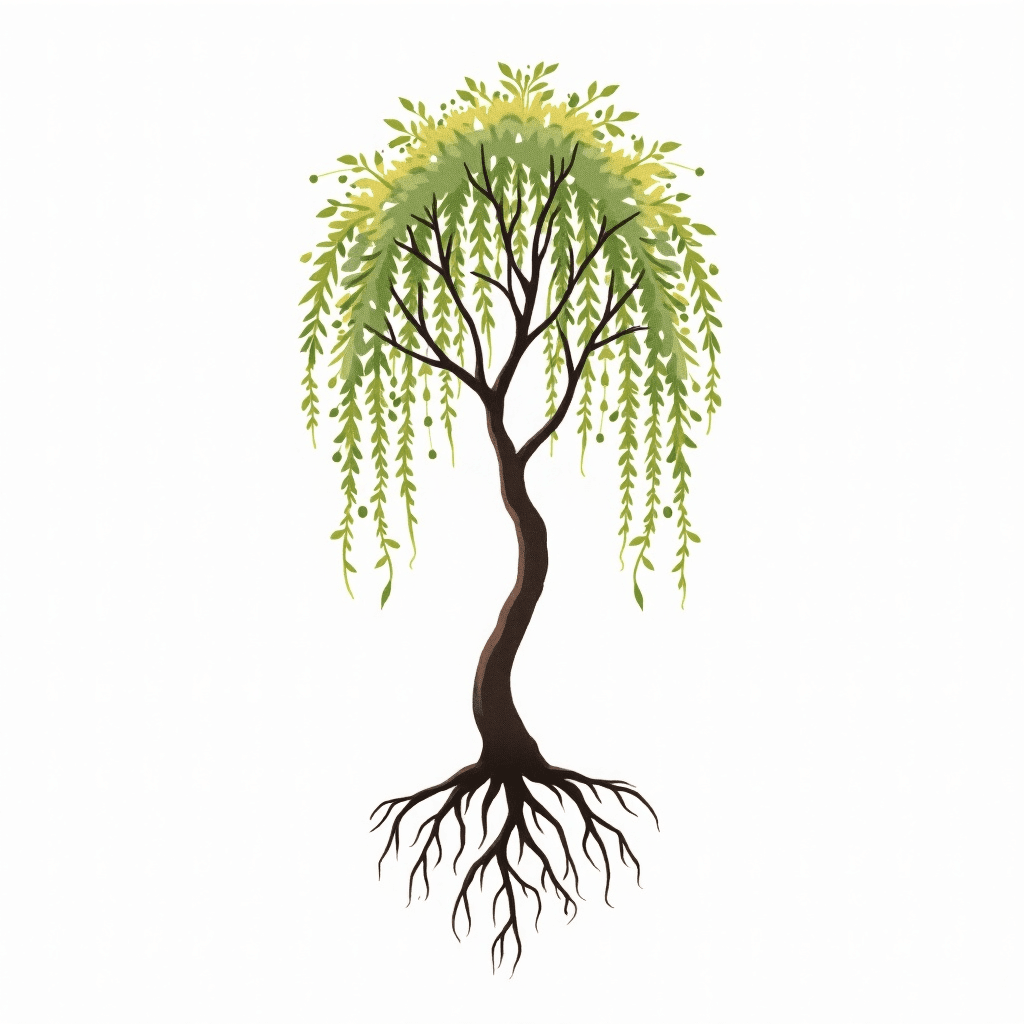 Delicate bending Willow tree with scattered windin…