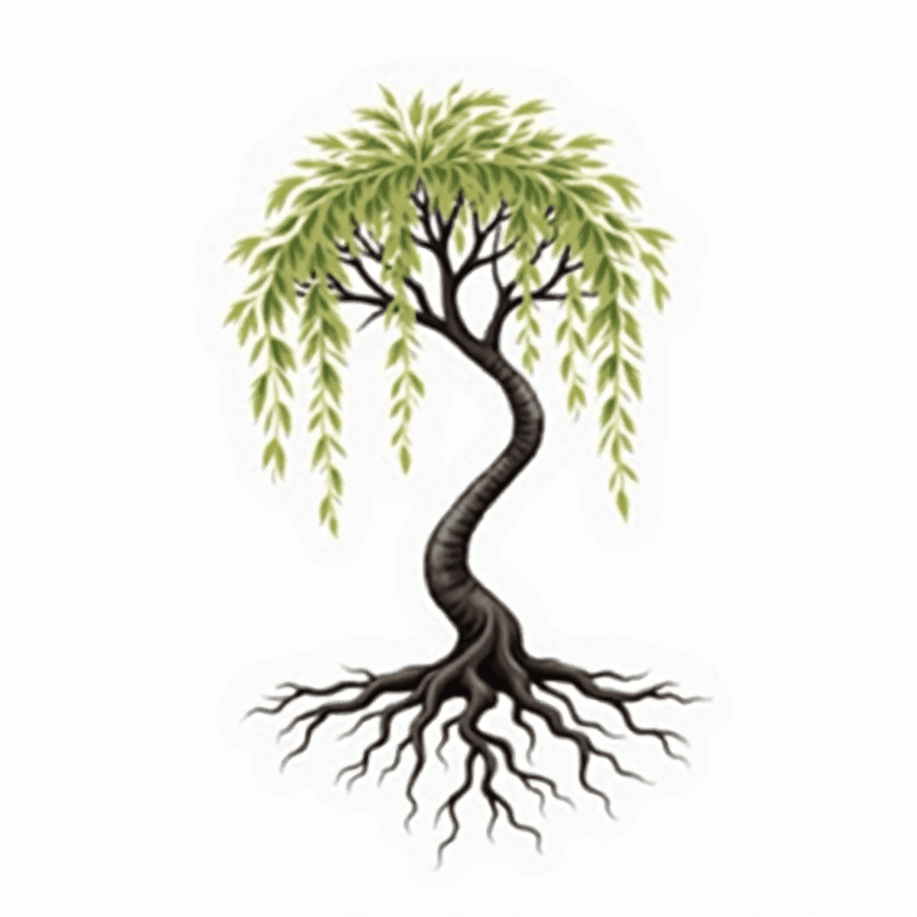 Delicate bending Willow tree with scattered windin…
