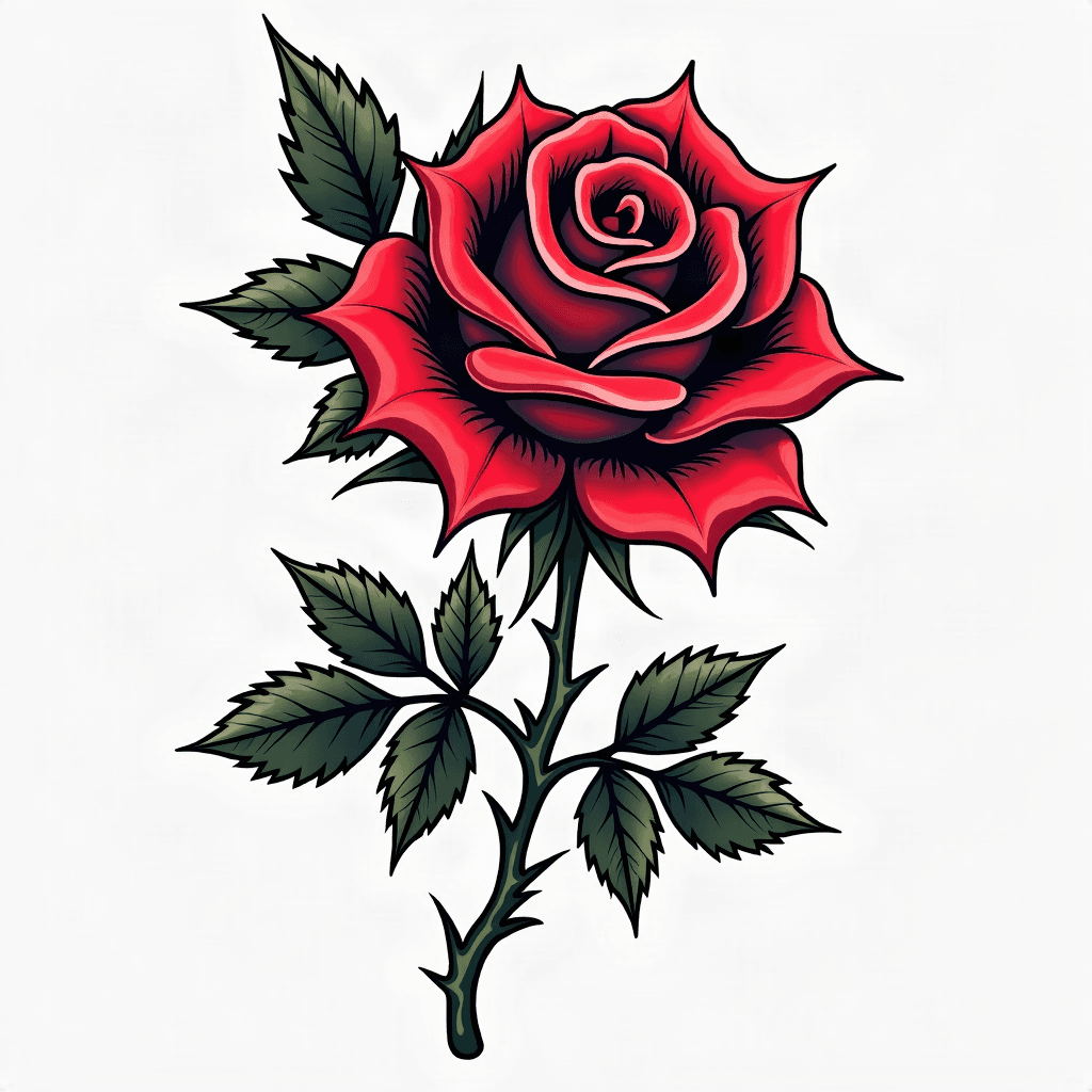 Traditional rose with thorns and detailed leaves