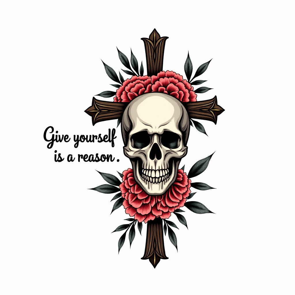 Flowers, skull, cross, a quote "Give yourself a re…