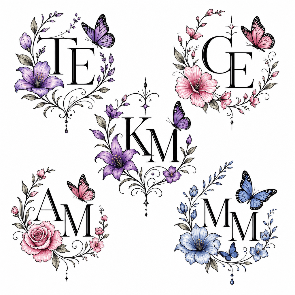the initials TE , CE , KM , AM , MM flowers, butte…