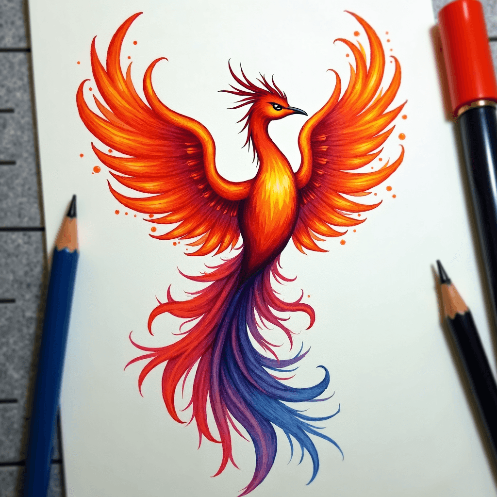 Watercolor phoenix rising from colorful flames