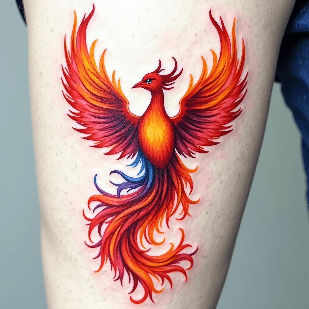 Watercolor phoenix rising from colorful flames
