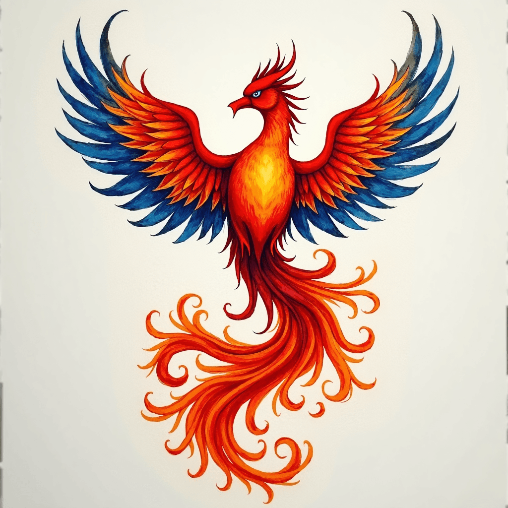 Watercolor phoenix rising from colorful flames