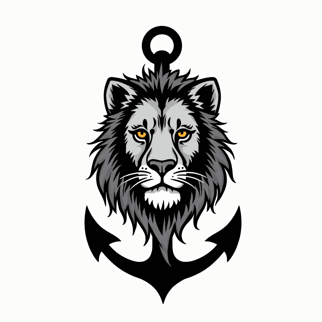 Tattoo design with anchor and half lion black and ...