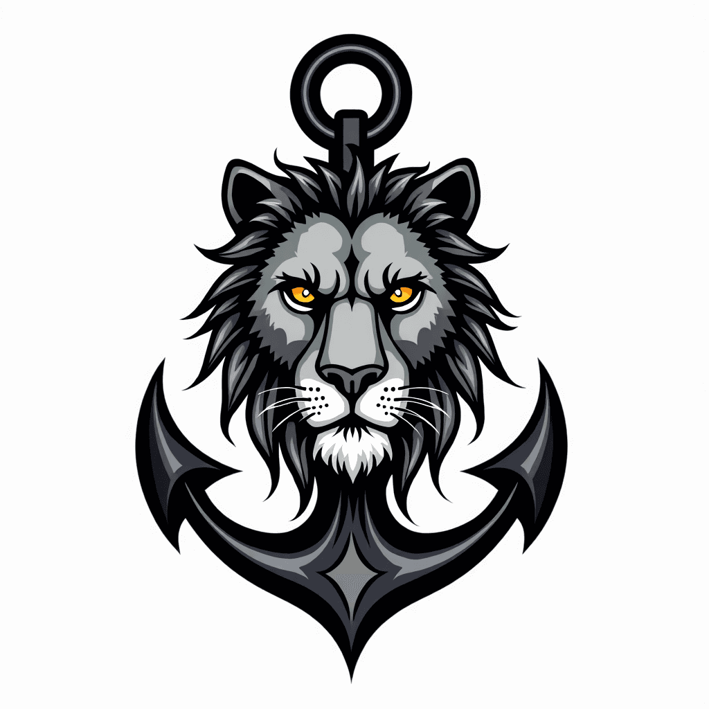 Tattoo design with anchor and half lion black and ...