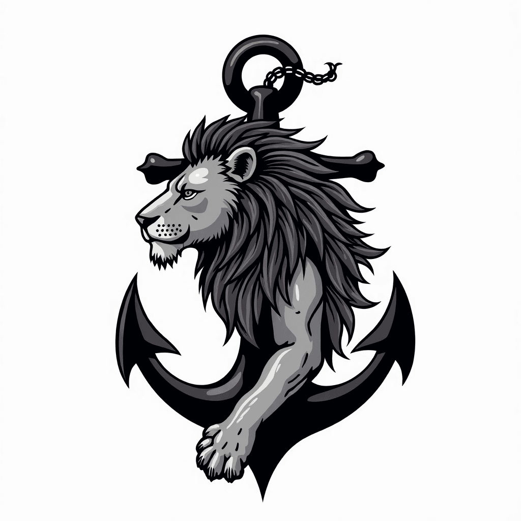 Tattoo design with anchor and half lion black and ...