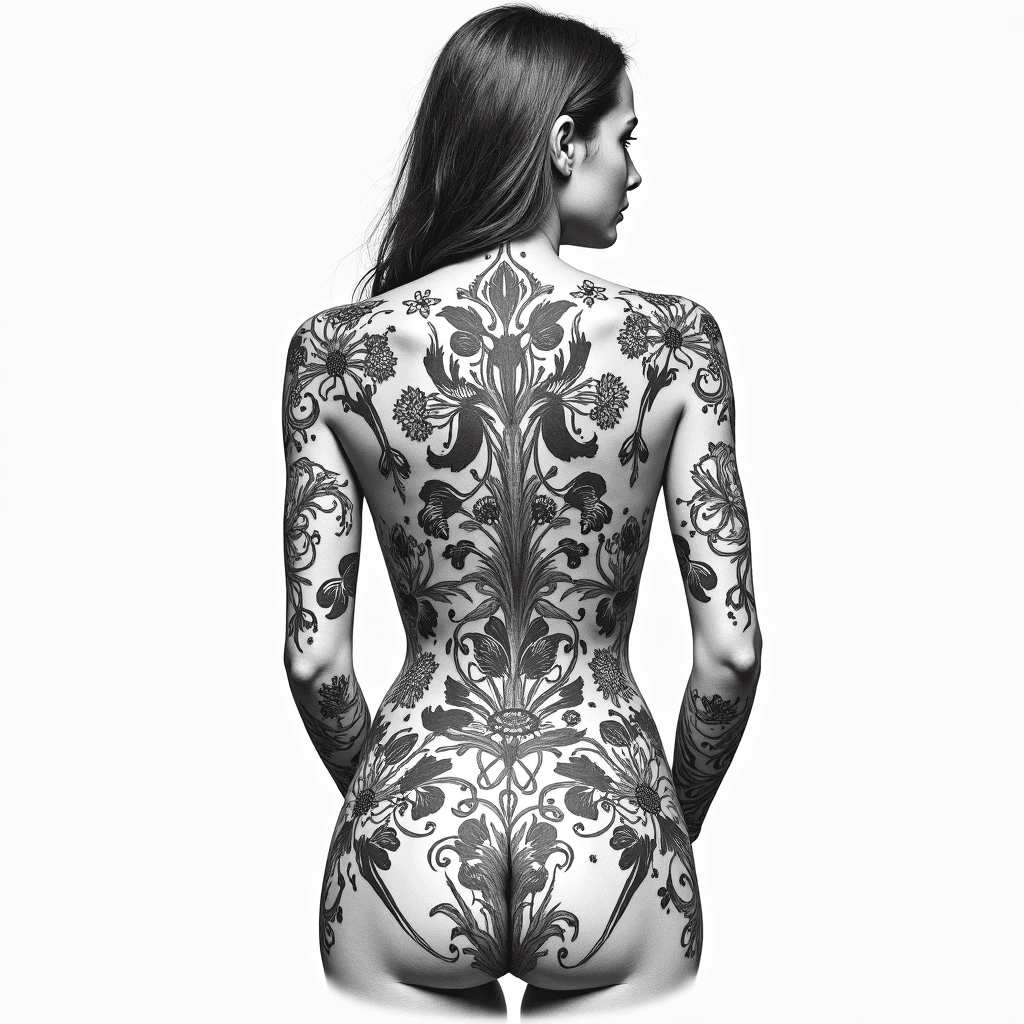 Black and white full back piece. Linework, cathedr…