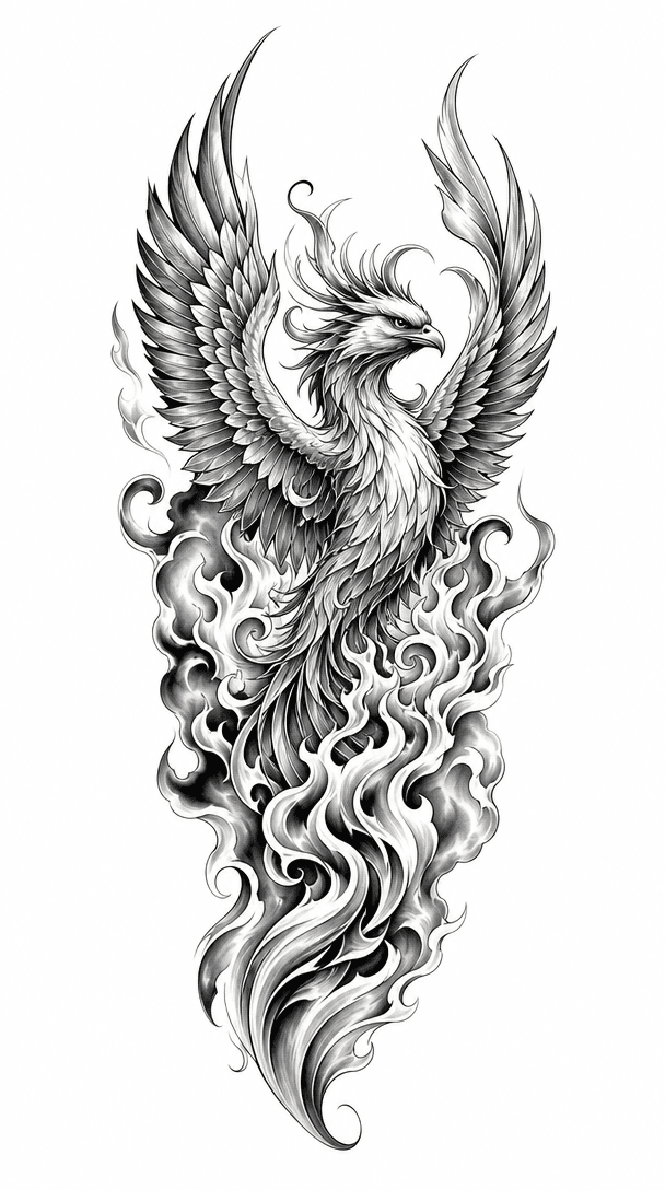 Watercolor phoenix rising from colorful flames