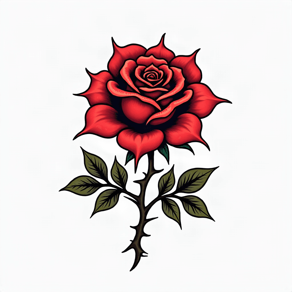 Traditional rose with thorns and detailed leaves