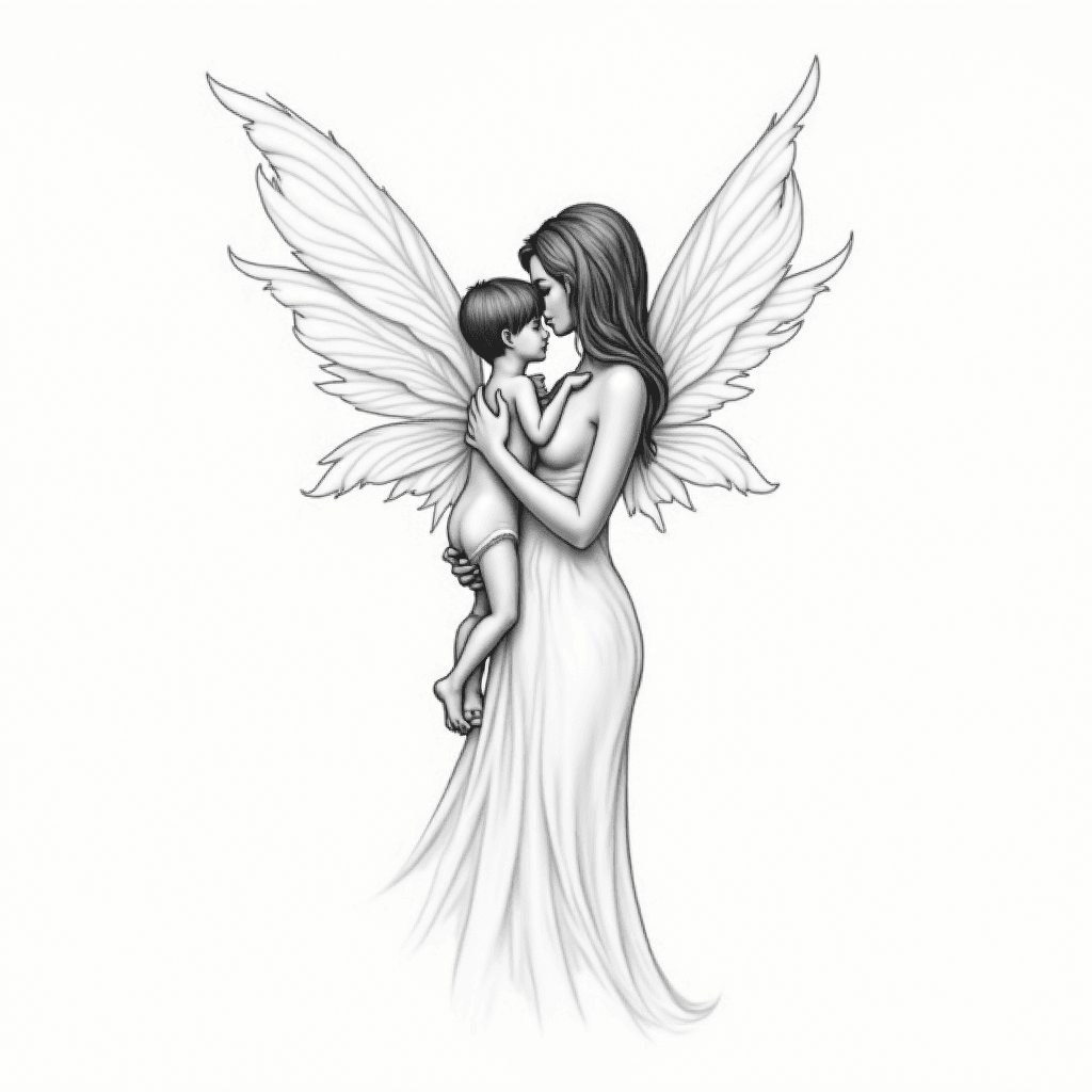 A mother with delicate fairy wings gently embracin…