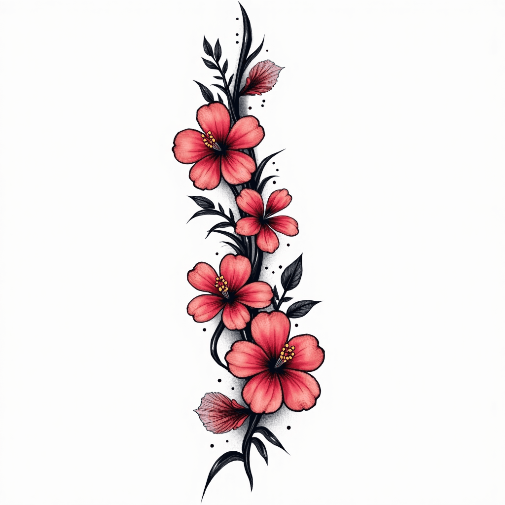 sexy spine tattoo using fine lines with hibiscus f...