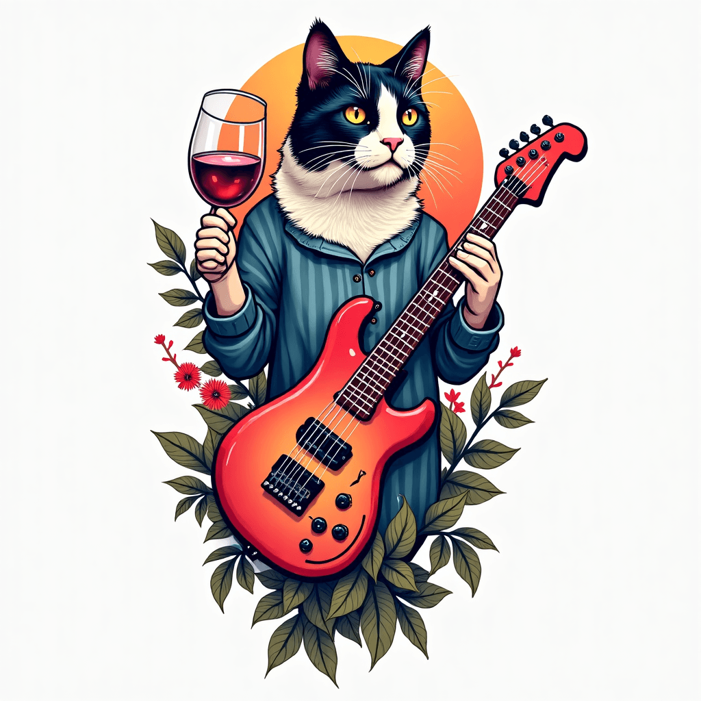 geometric, psychedelic, focus on wine, bass guitar…