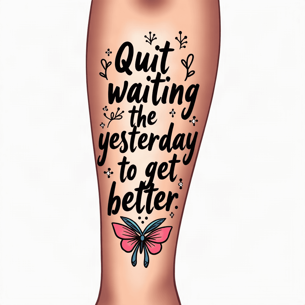 A tattoo with the saying “Quit waiting for yesterd...