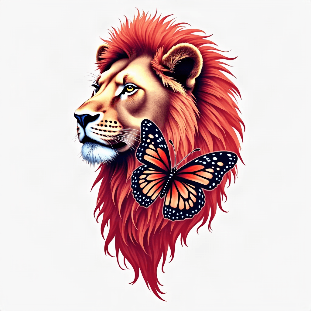 Lion and butterfly mixture red ink