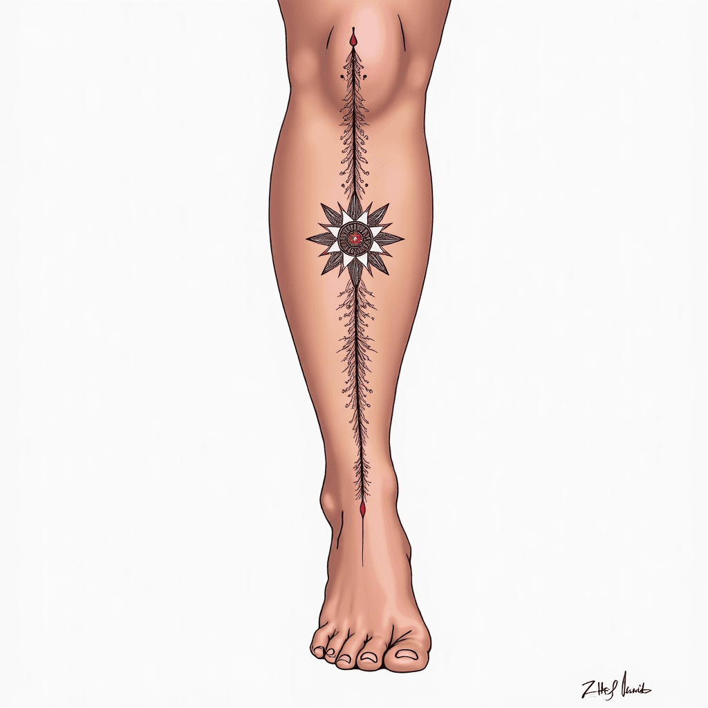 Elegant fine line tattoo going down the spine, sym...