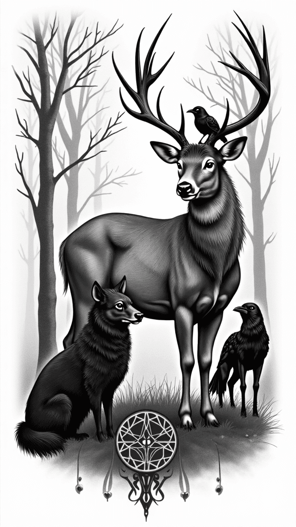 An adult male deer is standing next to a baby male…