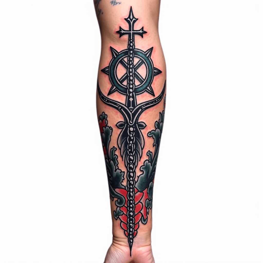 full forearm tattoo that includes yggdrasil, chain...