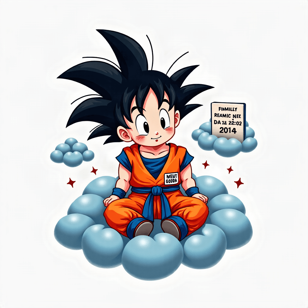 Baby Goku sitting clouds looking at the remembranc…
