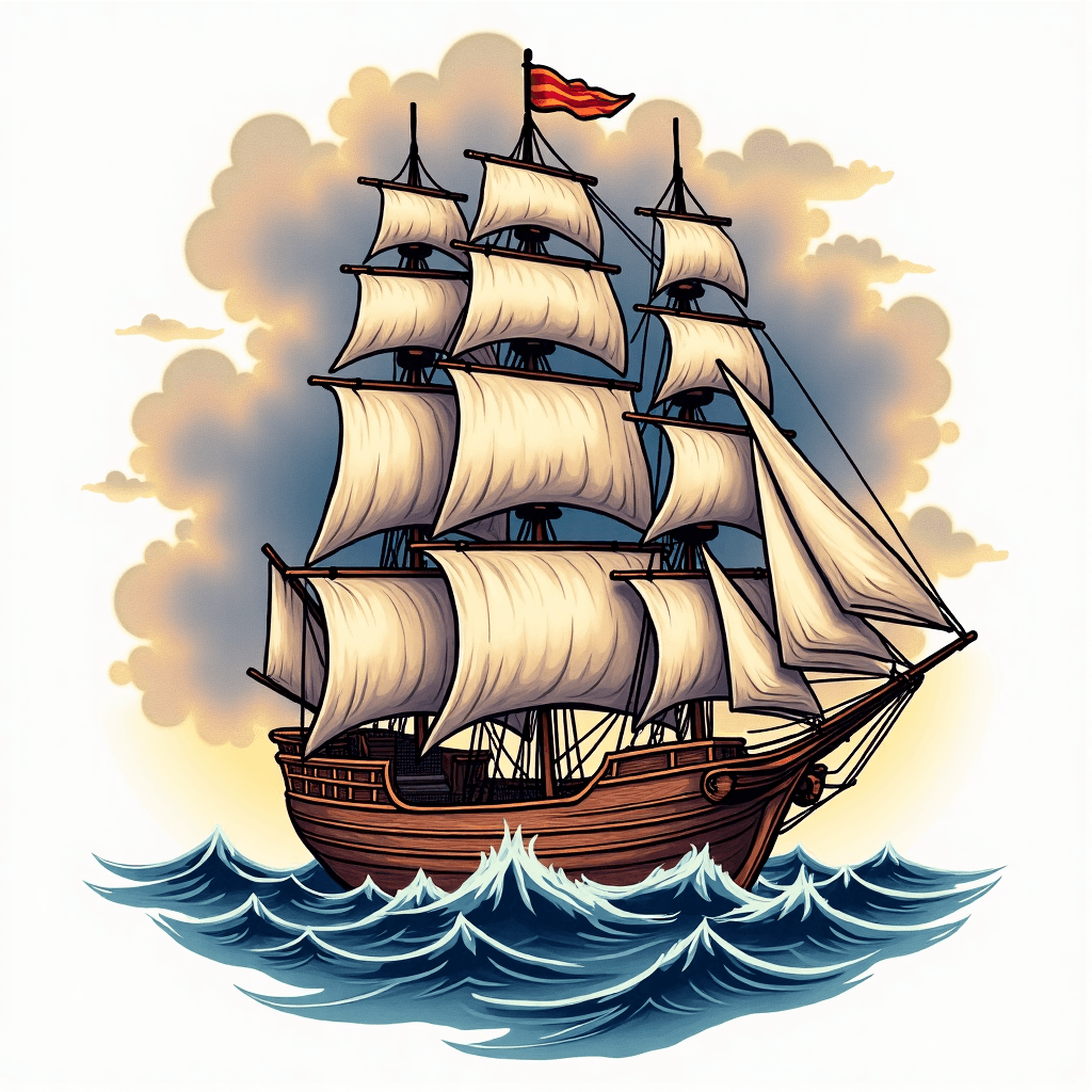 Vintage sailing ship with storm clouds and lightni…