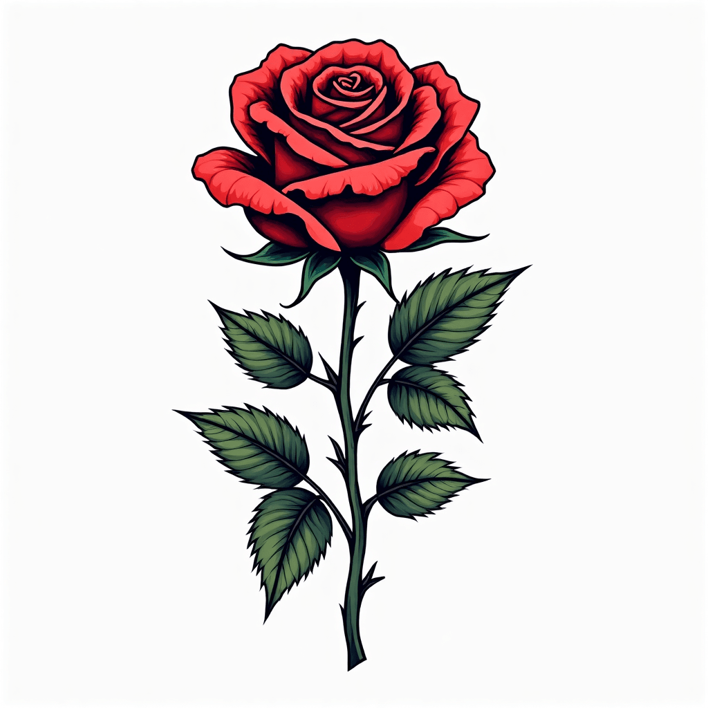 Traditional rose with thorns and detailed leaves