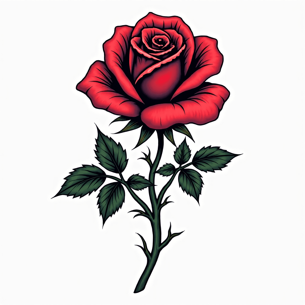 Traditional rose with thorns and detailed leaves