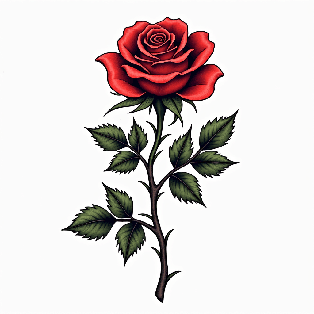 Traditional rose with thorns and detailed leaves