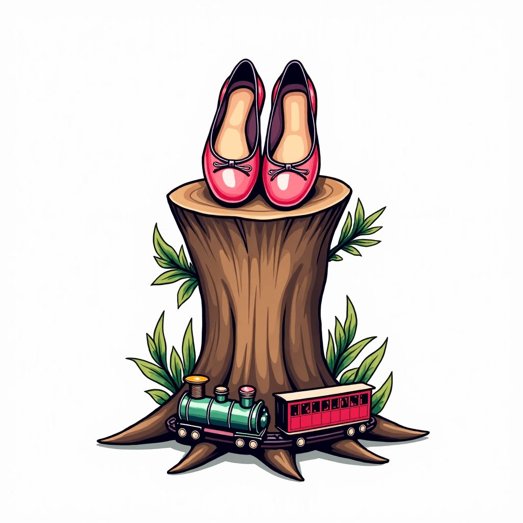 Tree stump with ballet slippers on top and toy tra...