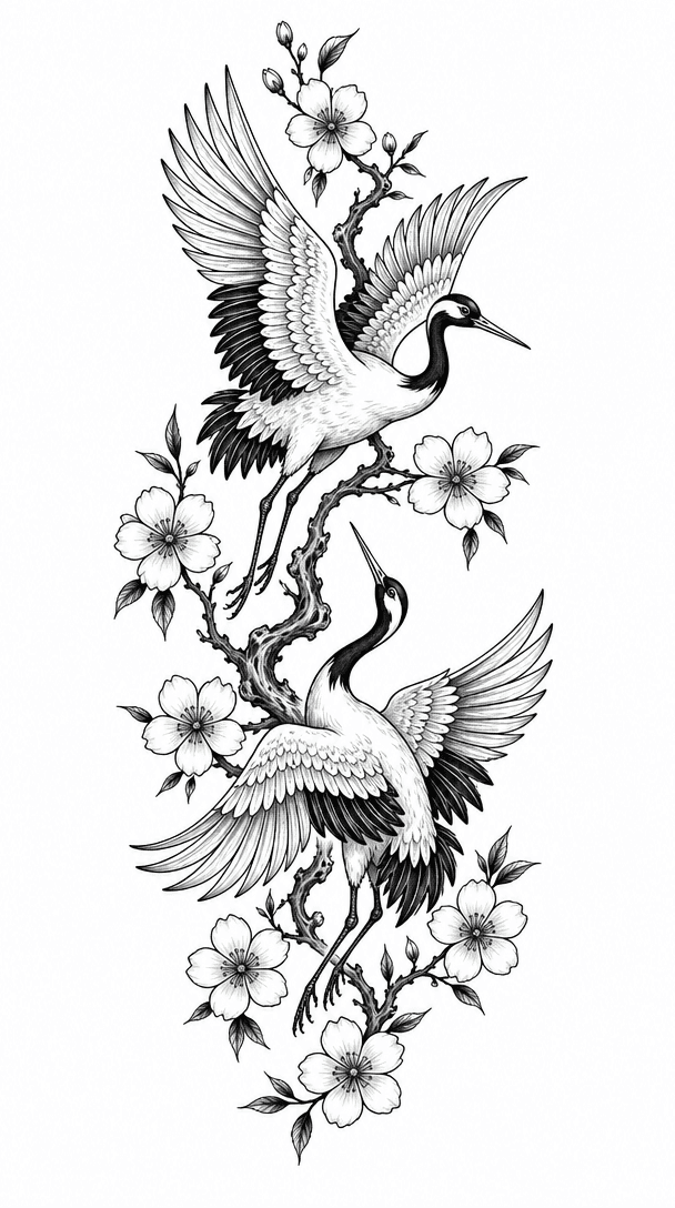 black and white tattoo on lower arm with 2 cranes …