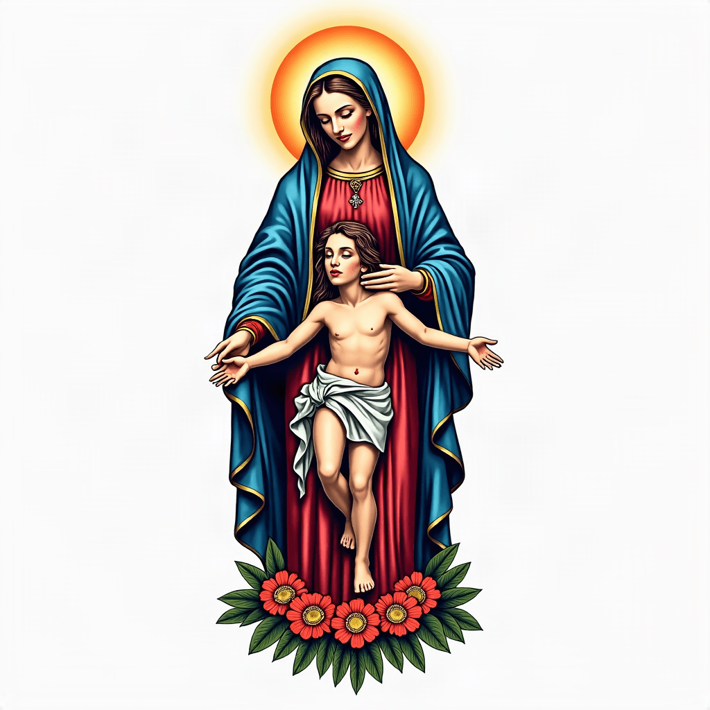 Generate tatoo of mother Mary with jesus christ on…