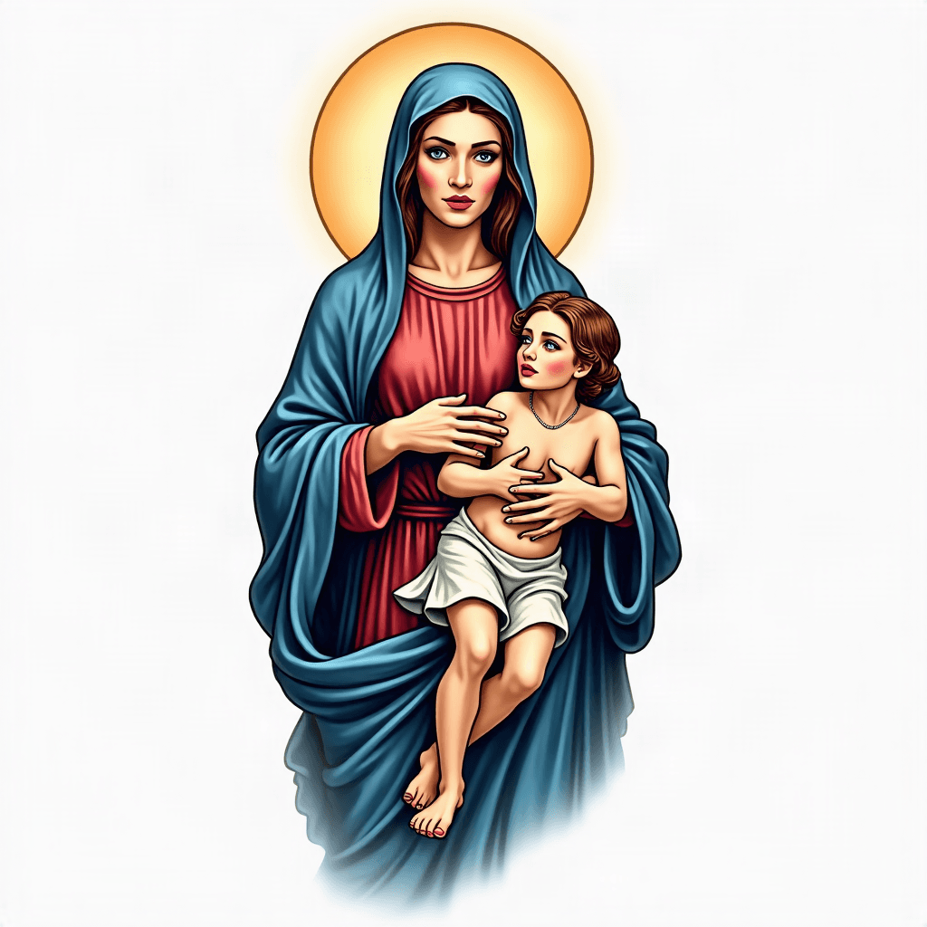 Generate tatoo of mother Mary with jesus christ on…