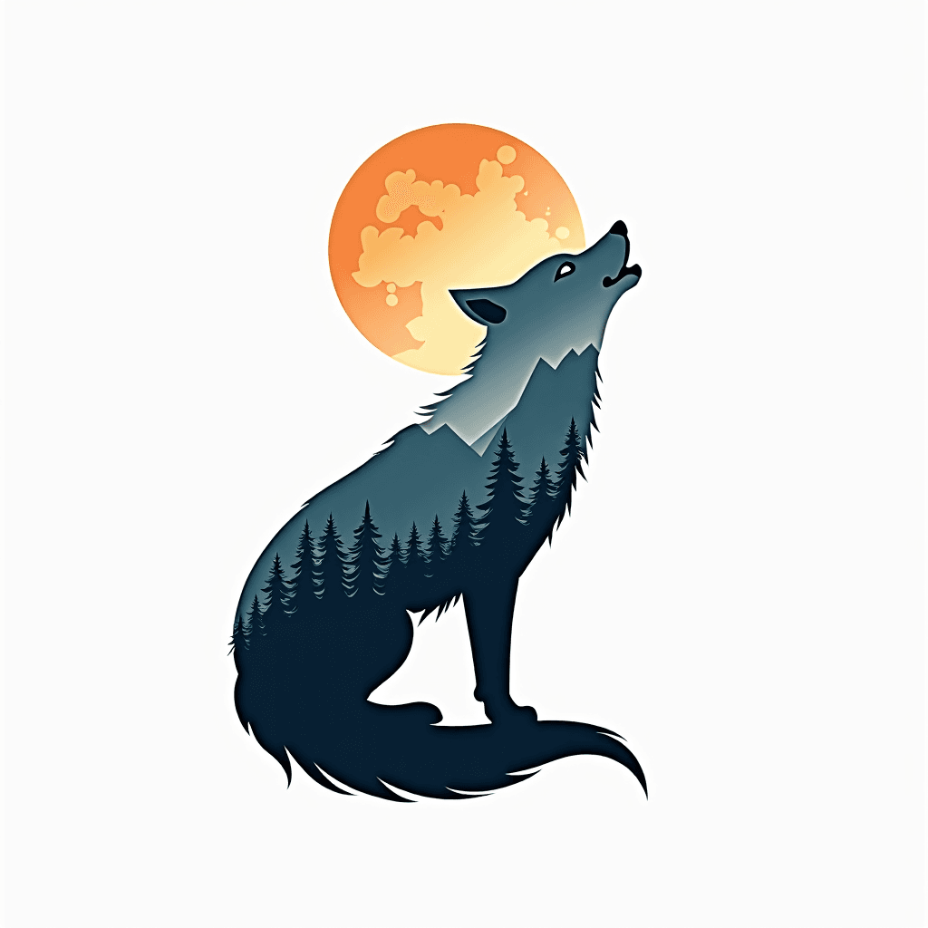 A geometric wolf howling at the moon with mountain…