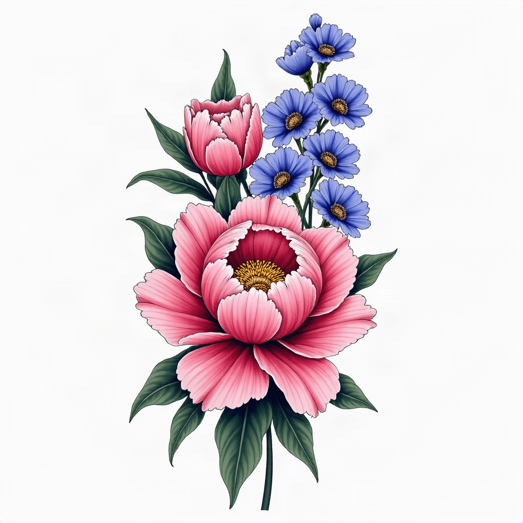 violets, chrysanthemum, cherry blossoms, and peony...
