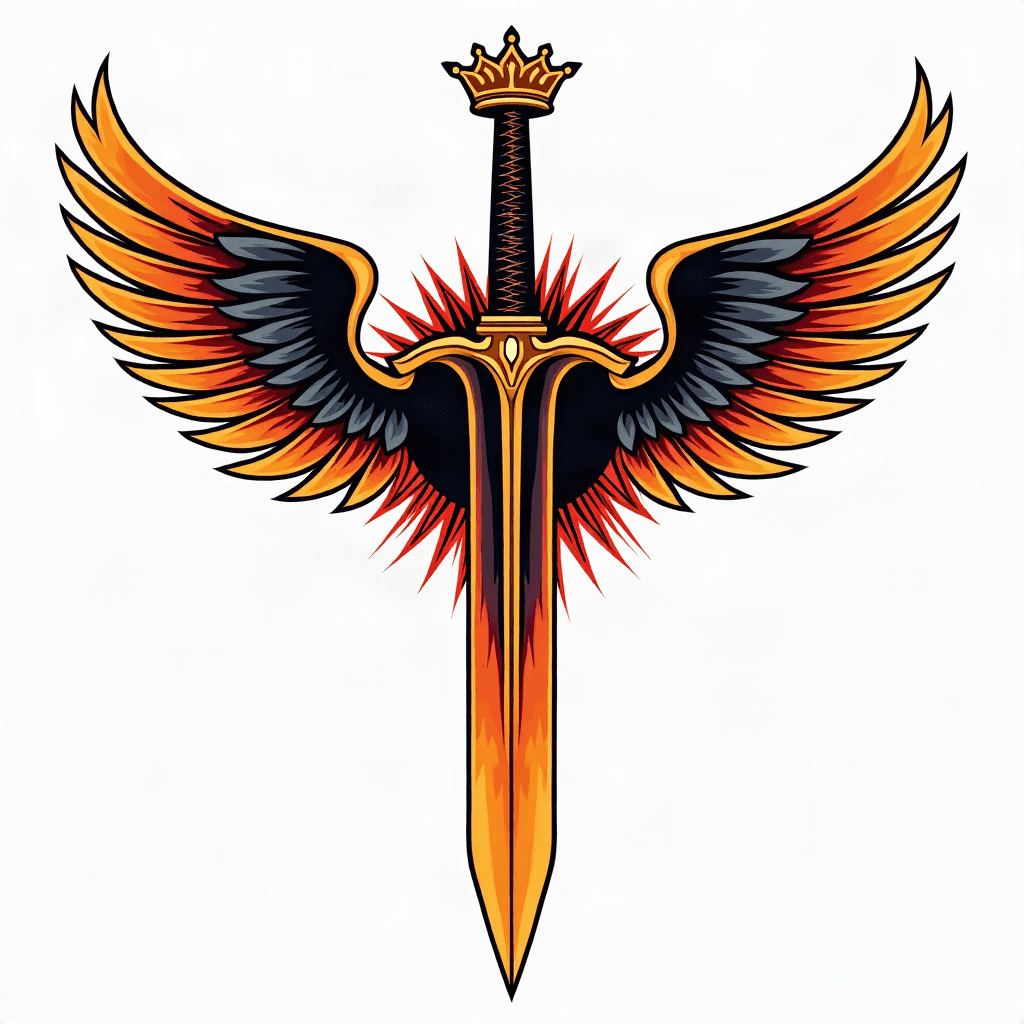 A gold flamberge bladed greatsword with wings as h...