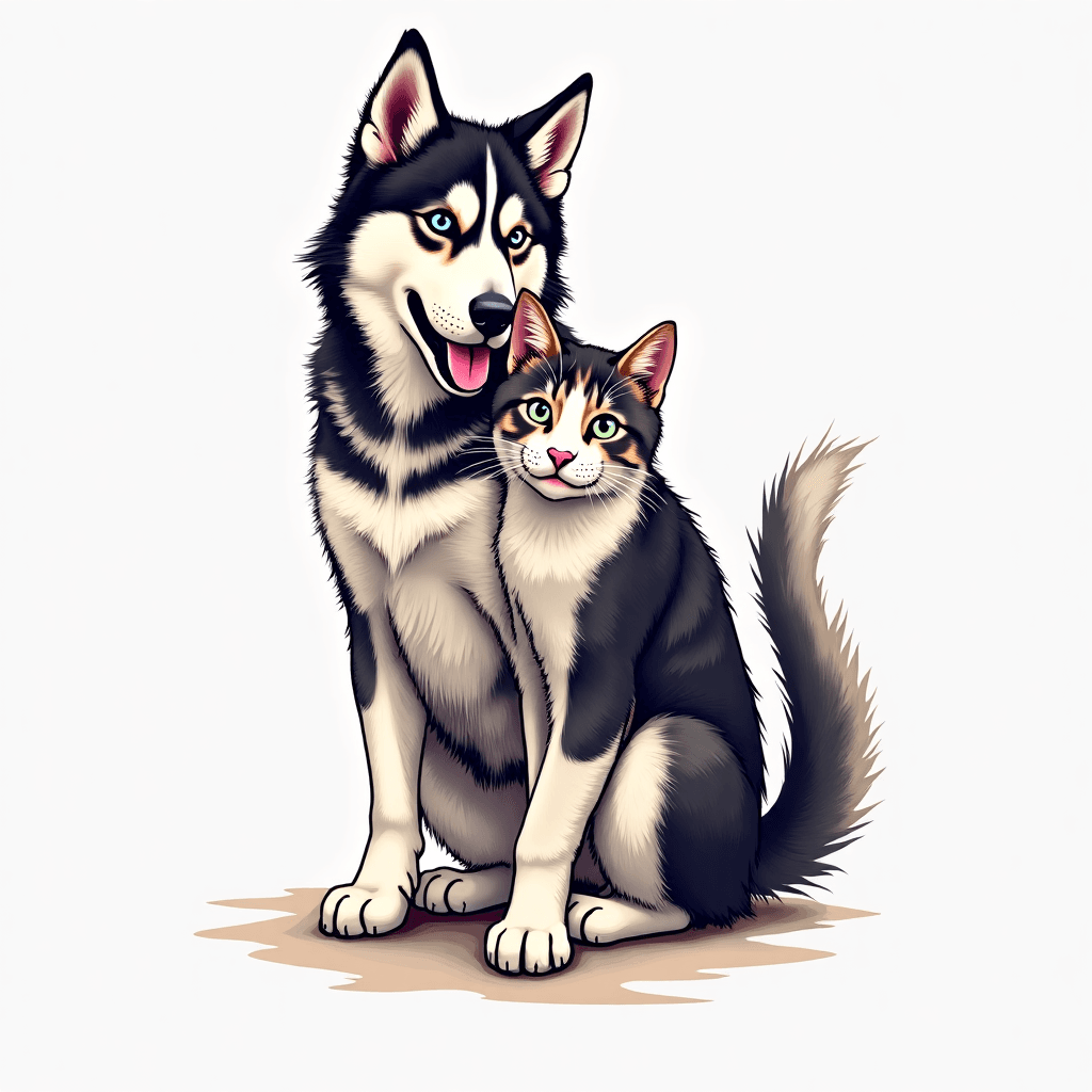 A husky and 2 cat thigh tattoo