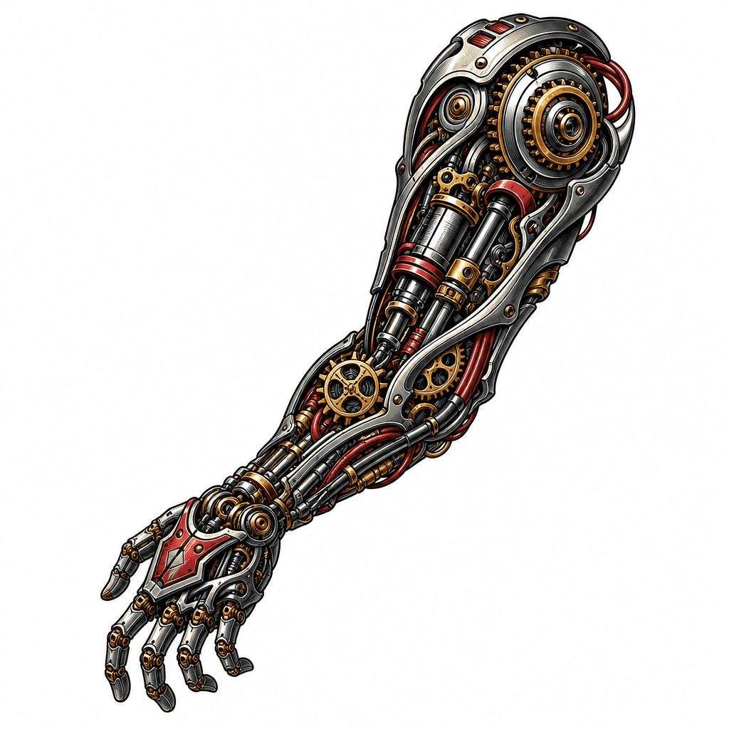 Bio-mechanical arm with intricate gears and piston…