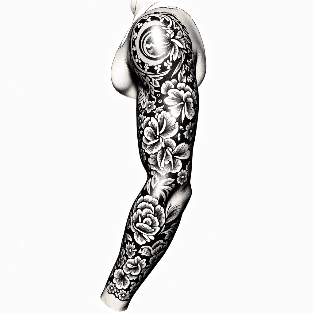 black and white fine line sleeve with floral eleme…