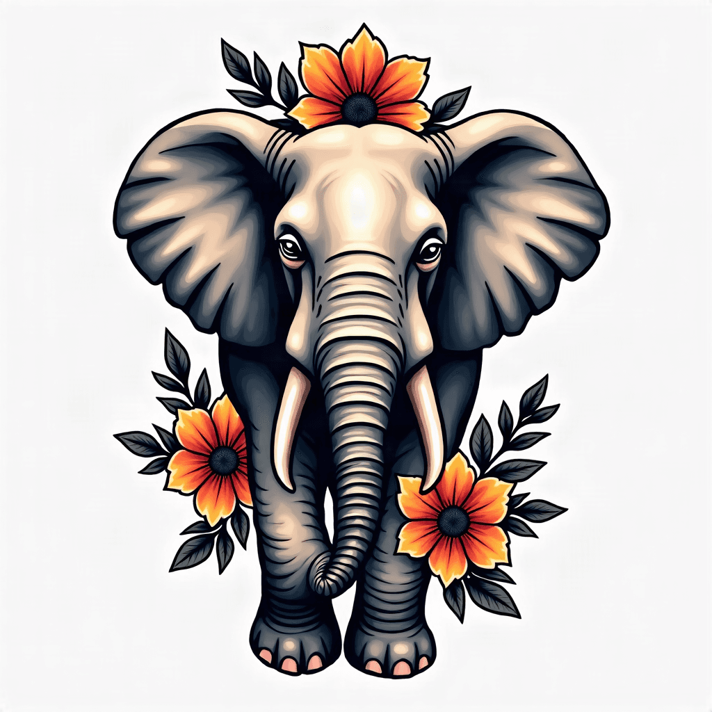 a geometric blackwork elephant with flowers around…