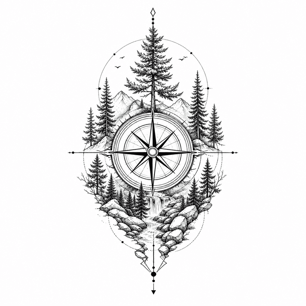 Fine lines, trees, compass, nature, black and whit…