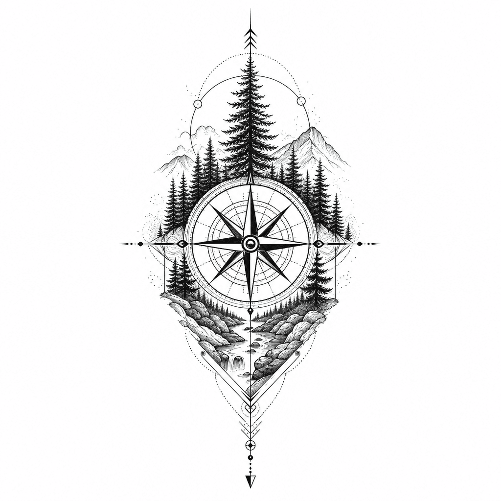 Fine lines, trees, compass, nature, black and whit…