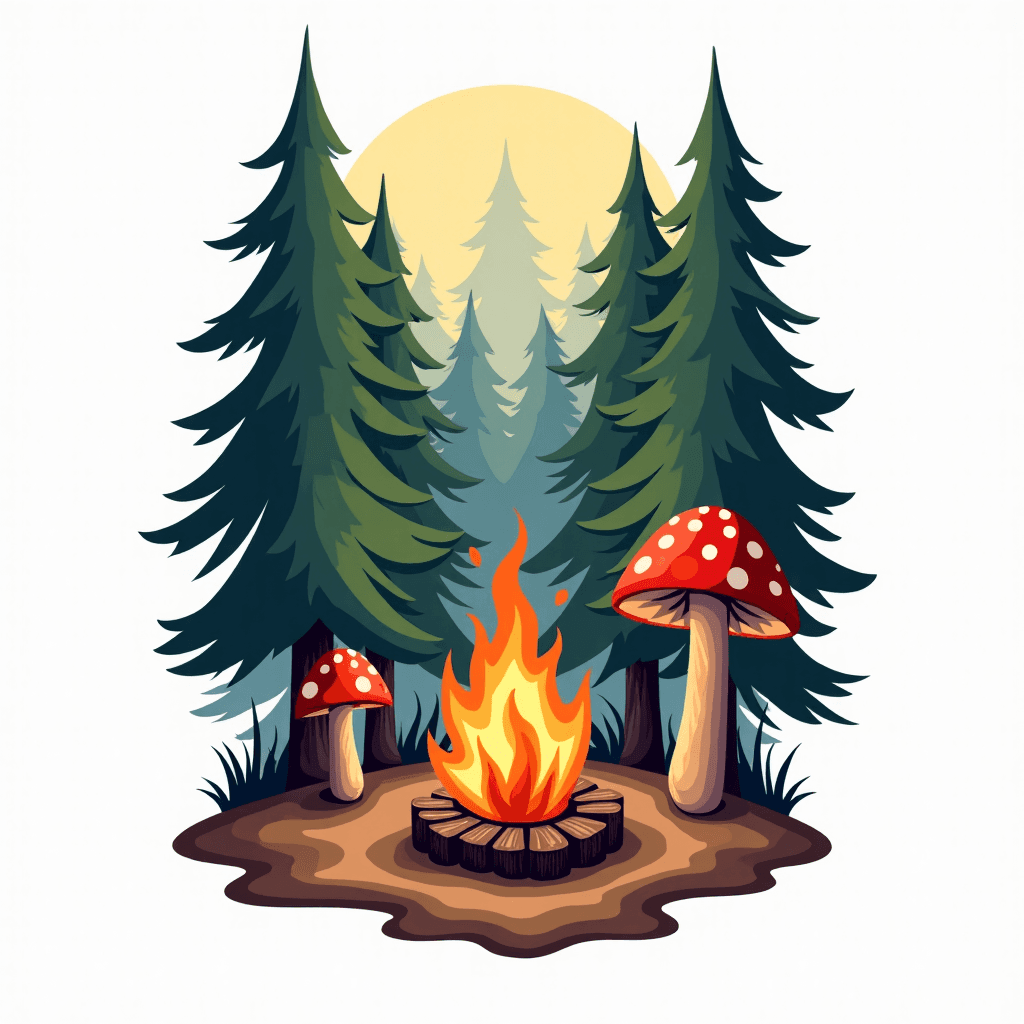 Forrest in woods with a camp fire and a mushroom o…