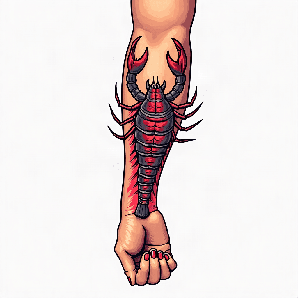 A right arm sleeve with a scorpion with a little b...
