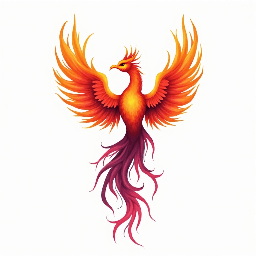 Watercolor phoenix rising from colorful flames